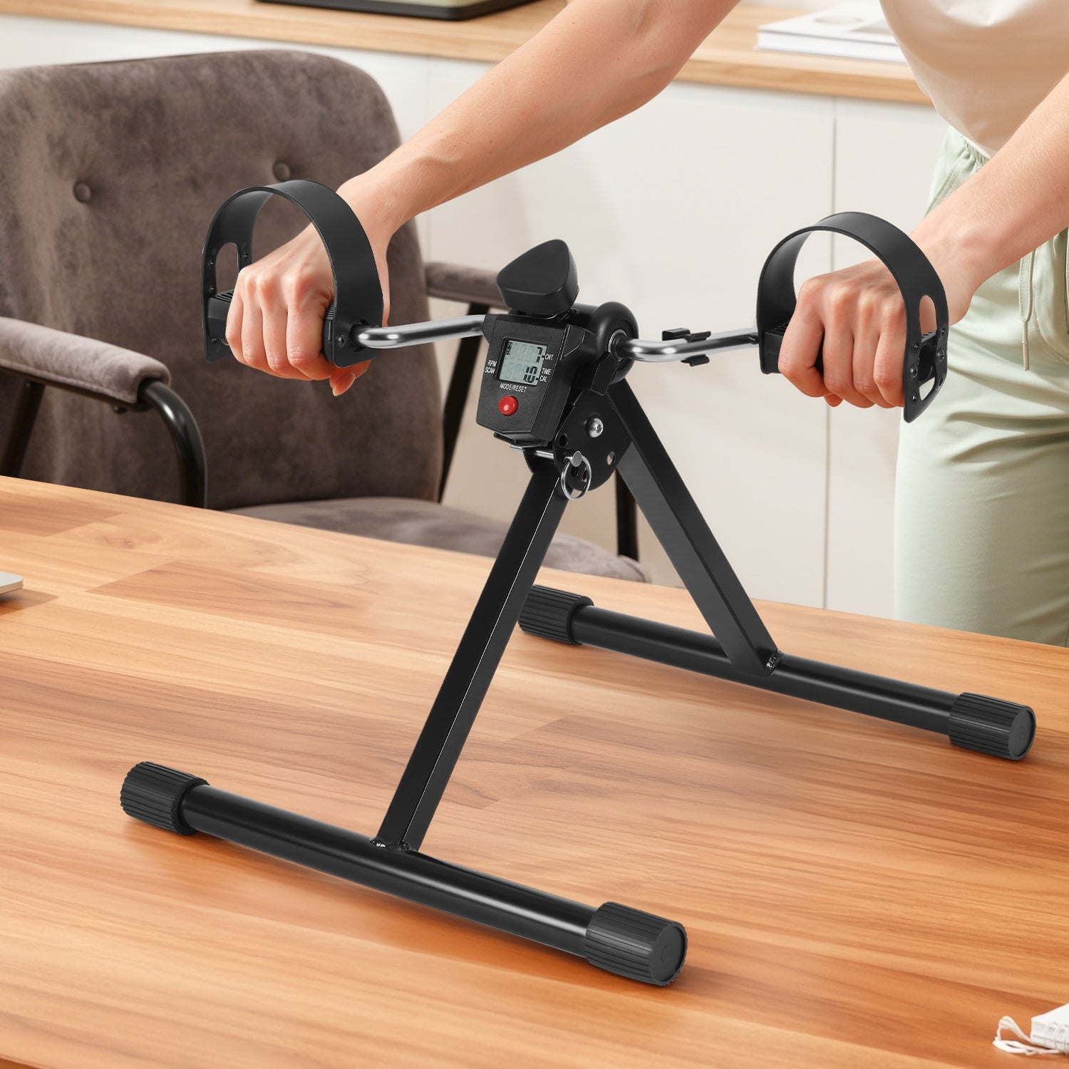 Mini bike de exercício dobrável com LCD, pedaleira compacta braços pernas, resistência ajustável, treino leve casa escritório idosos, compacto, leve - 9
