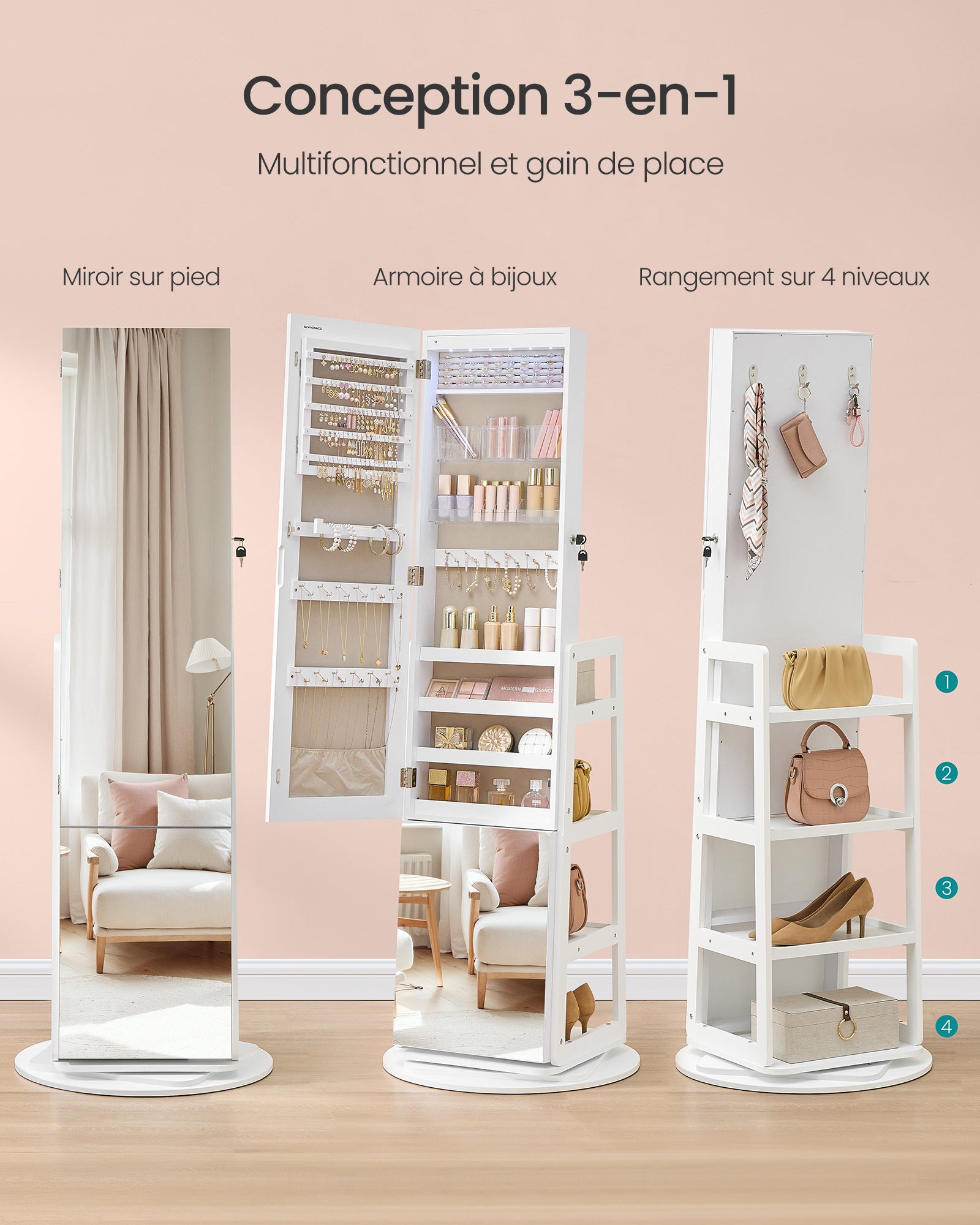 Armoire à Bijoux, Rangement à Bijoux, Miroir Intégral, 4 Étagères de Rangement, Éclairage Intégré, Rotation à 360°,Blanc - 6