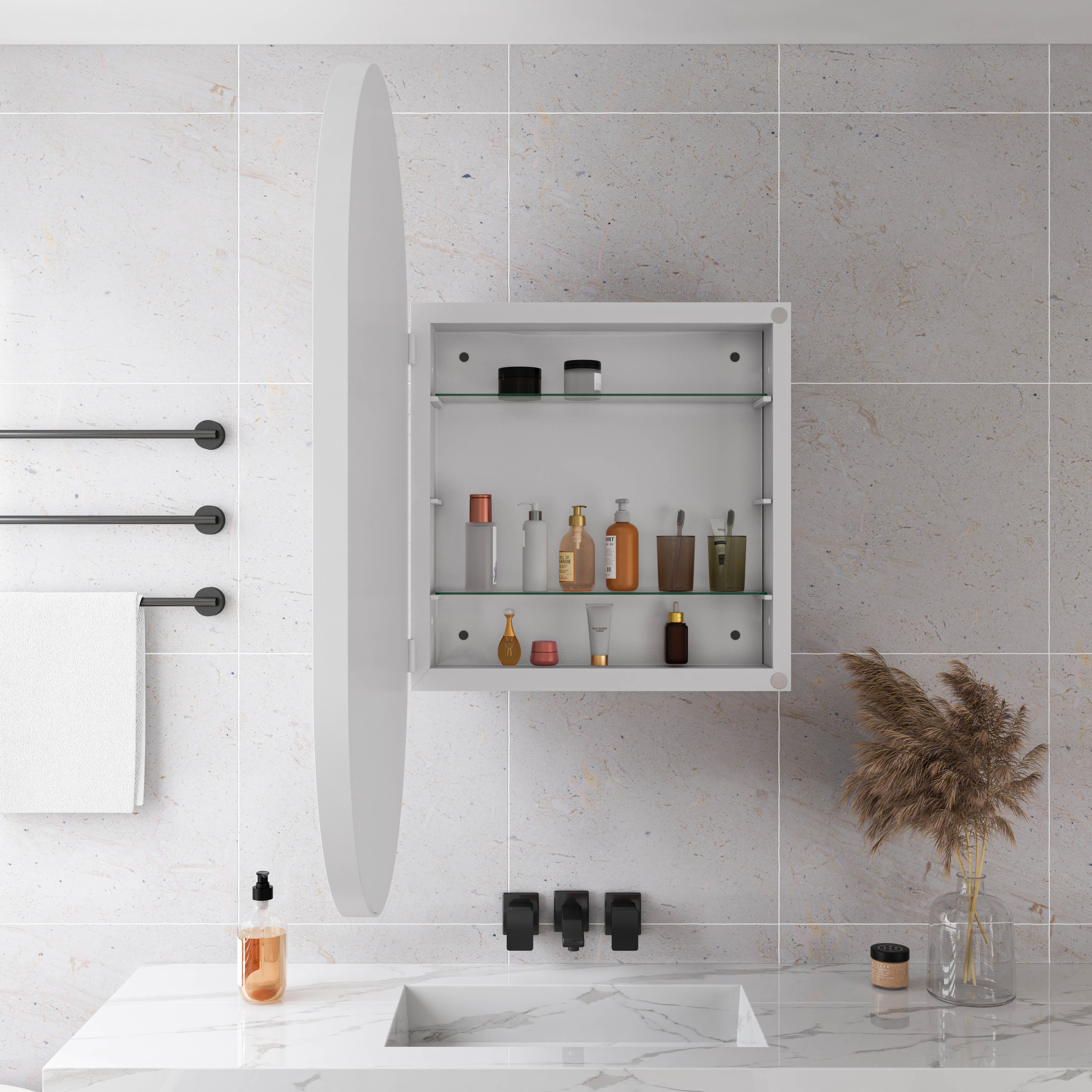 Armoire Miroir Ovale avec Cadre Métallique, Étagères Ajustables, Installation Murale ou Encastrée, Finition Blanc pour Salle de Bain - 3