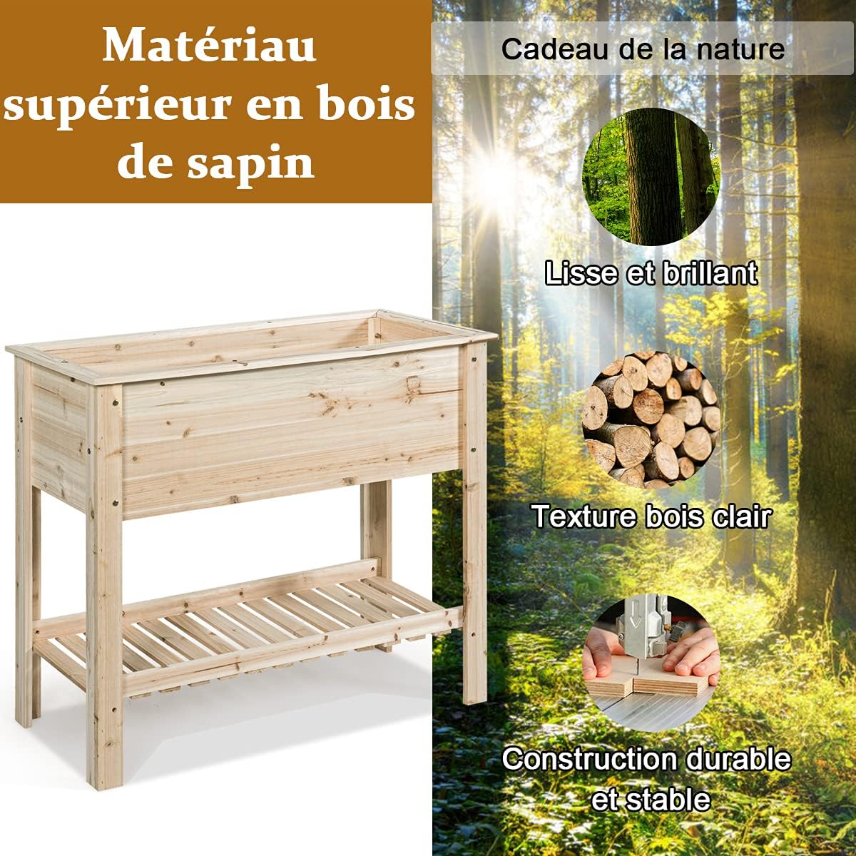 Carre Potager sur Pieds, Jardiniere Rectangulaire en Bois pour Legumes, Herbes, Fleurs, Lit Sureleve avec Etagere，Charge 80 KG(91,5 x 40,5 x 80,5 CM) - 4