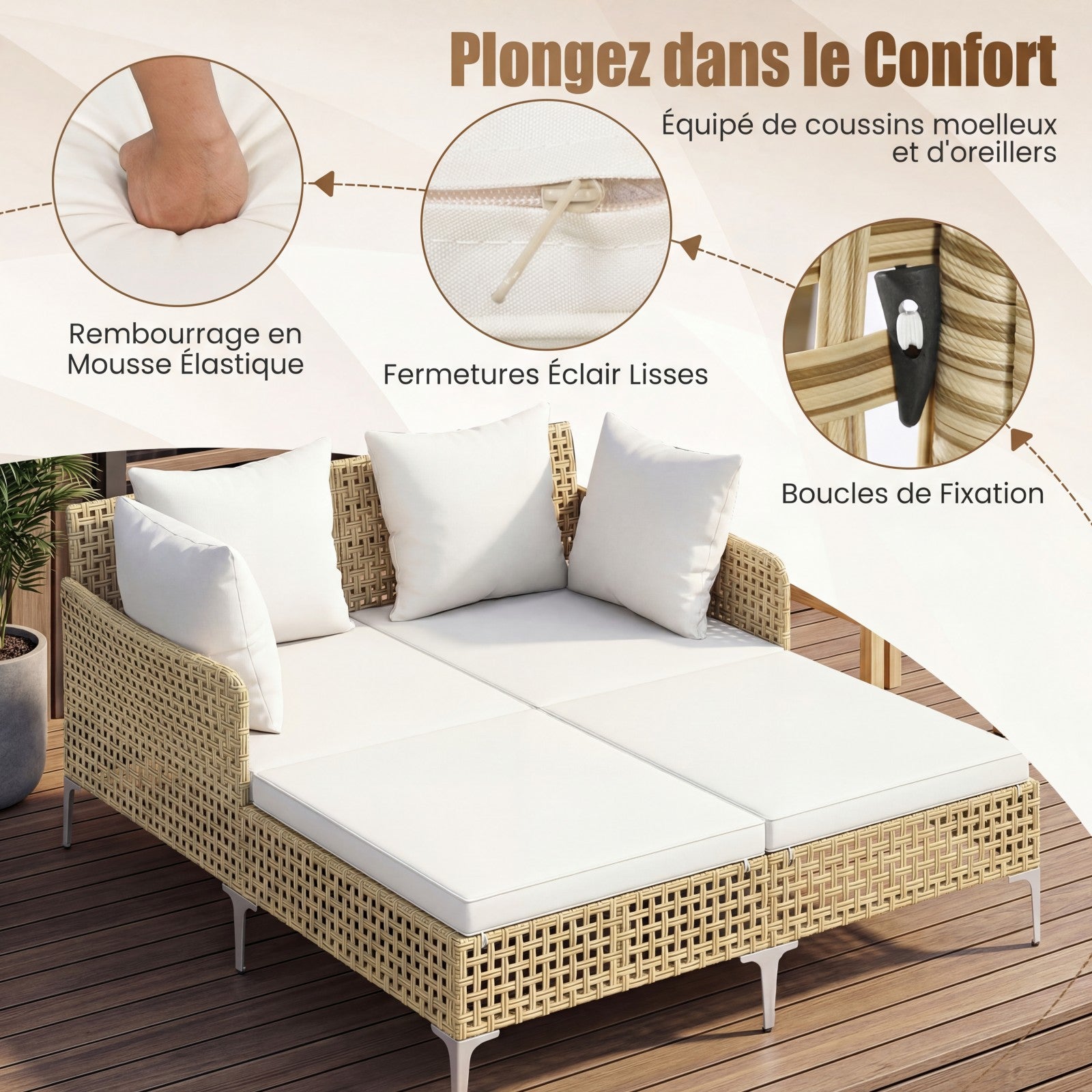 Cama de Dia Dupla em Rattan para Exterior, Espreguiçadeira de Vime para 2 Pessoas com Almofadas de Assento e Encosto, Banco de Sol com Suporte - 4