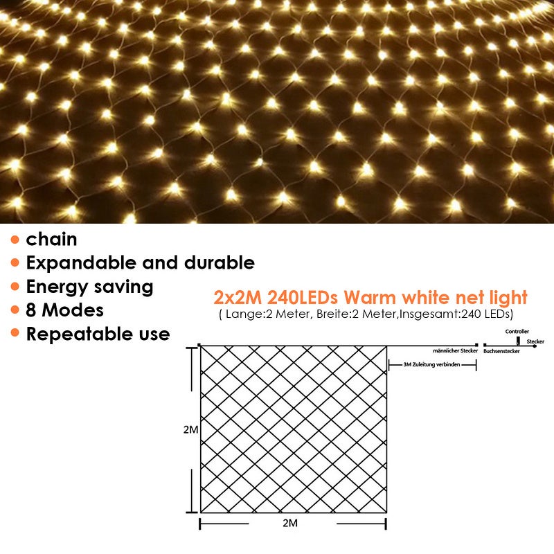 Filet Lumineux LED 2x2M Blanc chaud Chaîne lumineuse avec 8 modes Rideau lumineux de Noël intérieur extérieur 200 LEDs - 2