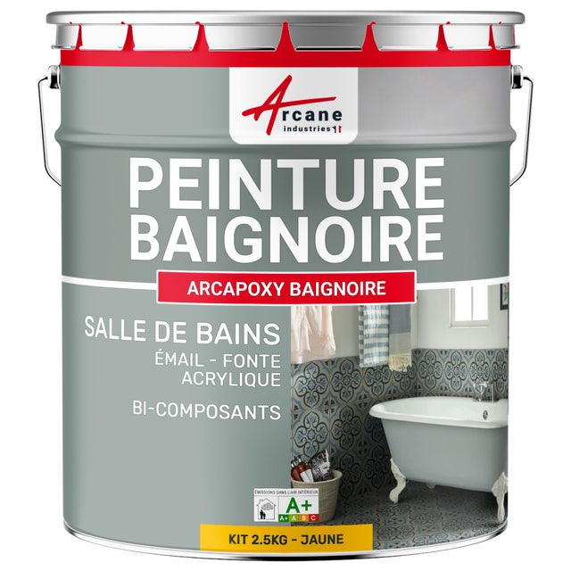 PEINTURE BAIGNOIRE LAVABO - Résine Époxy Pour Rénovation - 2.5 kg (jusqu'à 8 m² en 2 couches) Jaune Signalisation - RAL 1023 - ARCANE INDUSTRIES