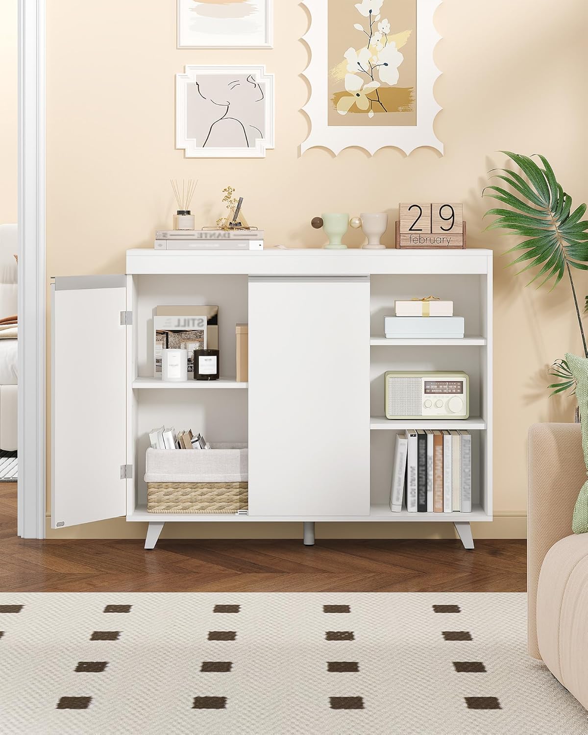 Mobile da Bagno, Armadio di stoccaggio, Mobile da cucina, con 3 Ripiani Aperti Regolabili e 2 ante, moderno, per Bagno, Soggiorno, Ingresso, Bianco - 3