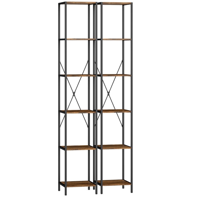 Juego de 2 estanterías de 6 niveles, con estructura de acero, ideales para salón, oficina o dormitorio, en color marrón rústico.