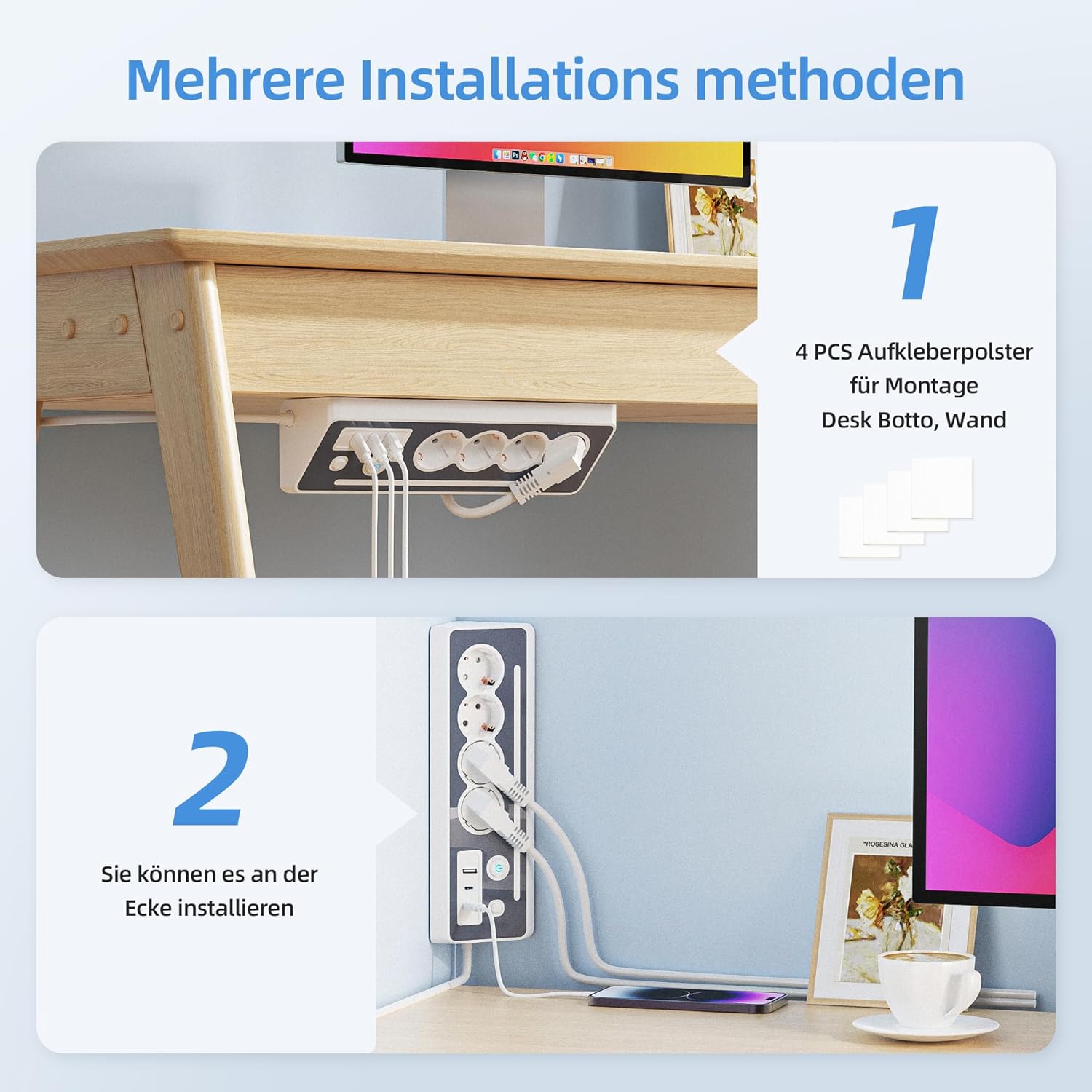 Multiprise de Bureau, 4 Prises avec USB et 2 Types C, 16 A, 3680 W, 2 Interrupteurs, Protection Surtension LED, Multiprise Cuisine Bureau - 6