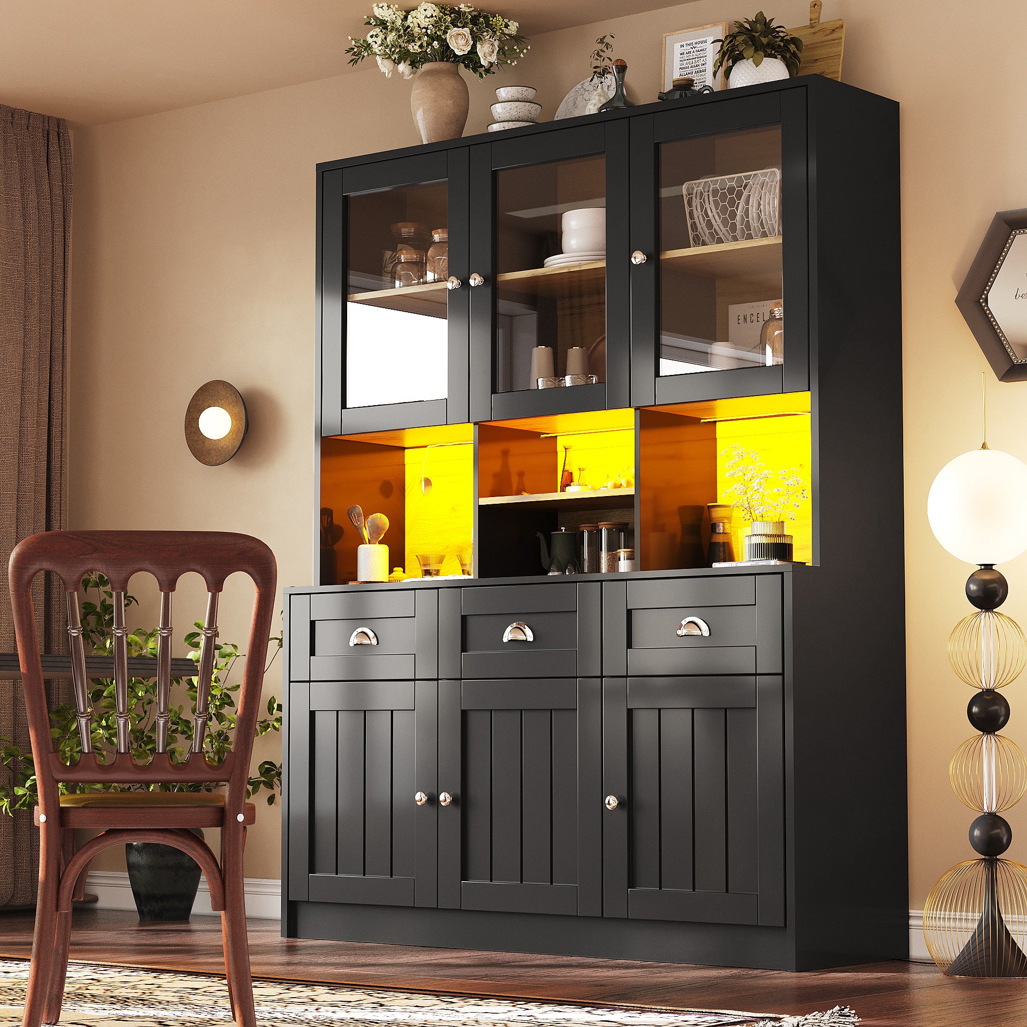 Buffet de cuisine avec 6 portes et 3 tiroirs, vitrine - 140 x 40 x 175 cm - LEDs - MDF - Noir - 2