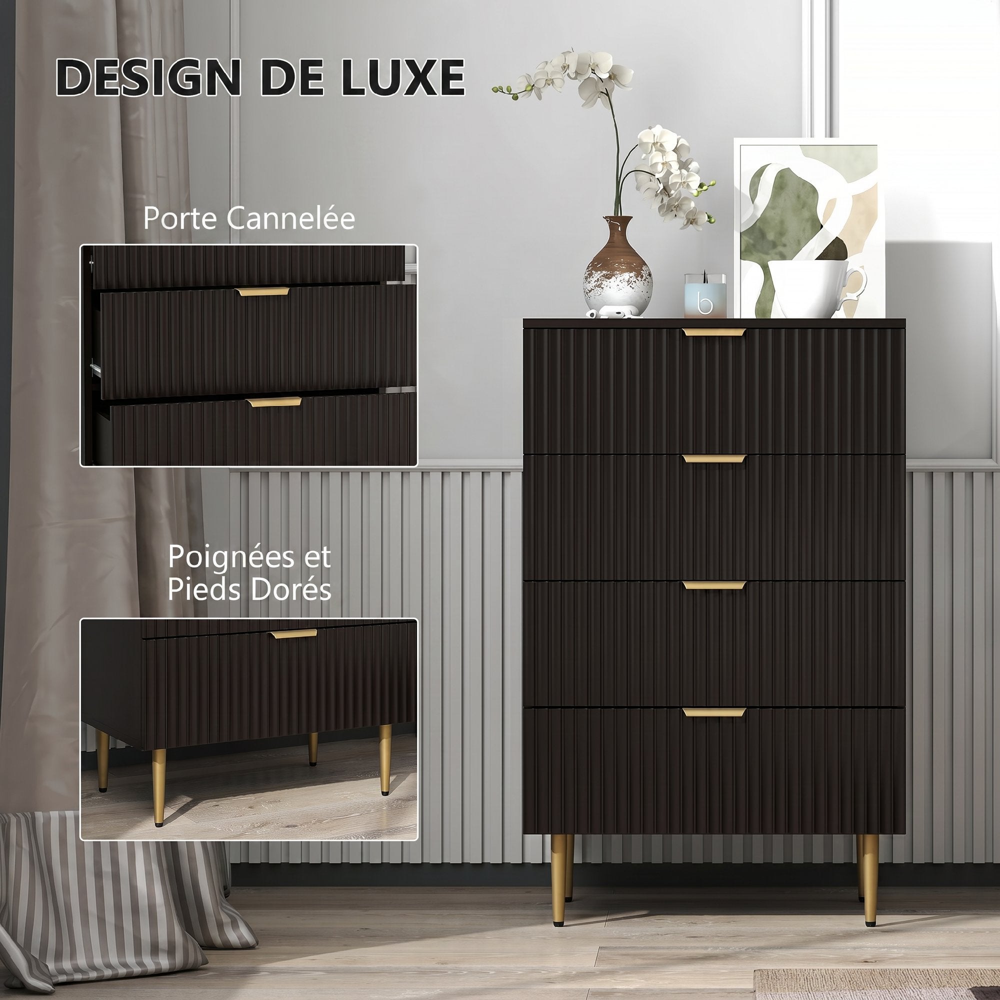 Commode 6 tiroirs design effet cannelé piètement métal doré noir ...