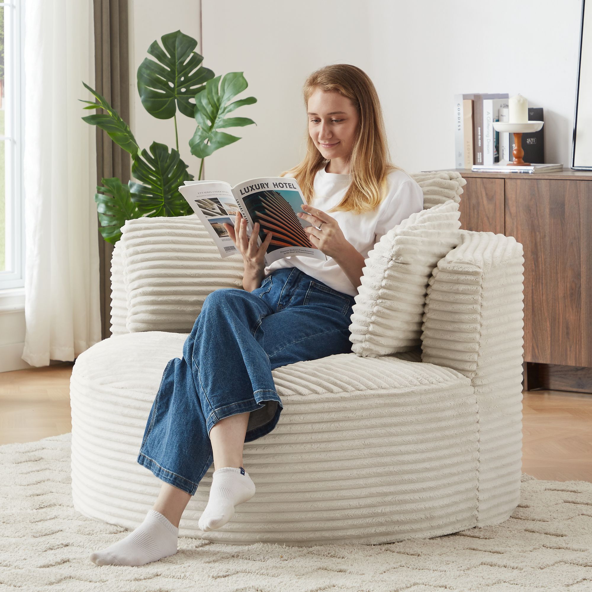 Canapé Velours Côtelé Beige 124x113x86 cm, Chaise lounge confortable Rond Compressible, Fauteuil Lounge Dossier Rembourré, Canapé d'Angle Moderne - 4