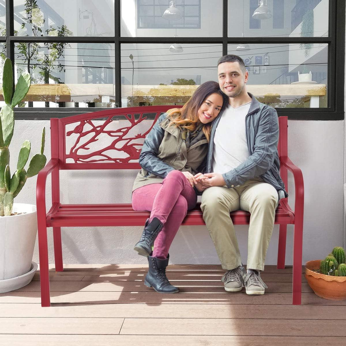 Banc de Jardin en Métal, Dossier Ergonomique avec Motif a l’Oiseau en Fer Forge, 2-3 Places, avec Accoudoirs et Dossier Ergonomique, 280KG,Rouge - 8