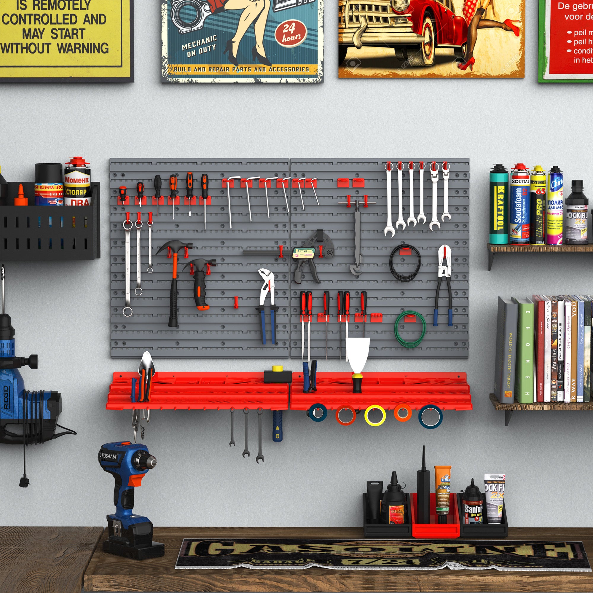 Panneau mural porte-outils , ensemble de 54 porte-outils pour atelier, bacs de rangement, crochets, PP, gris et rouge, 95,5 x 23 x 53,5 cm - 3