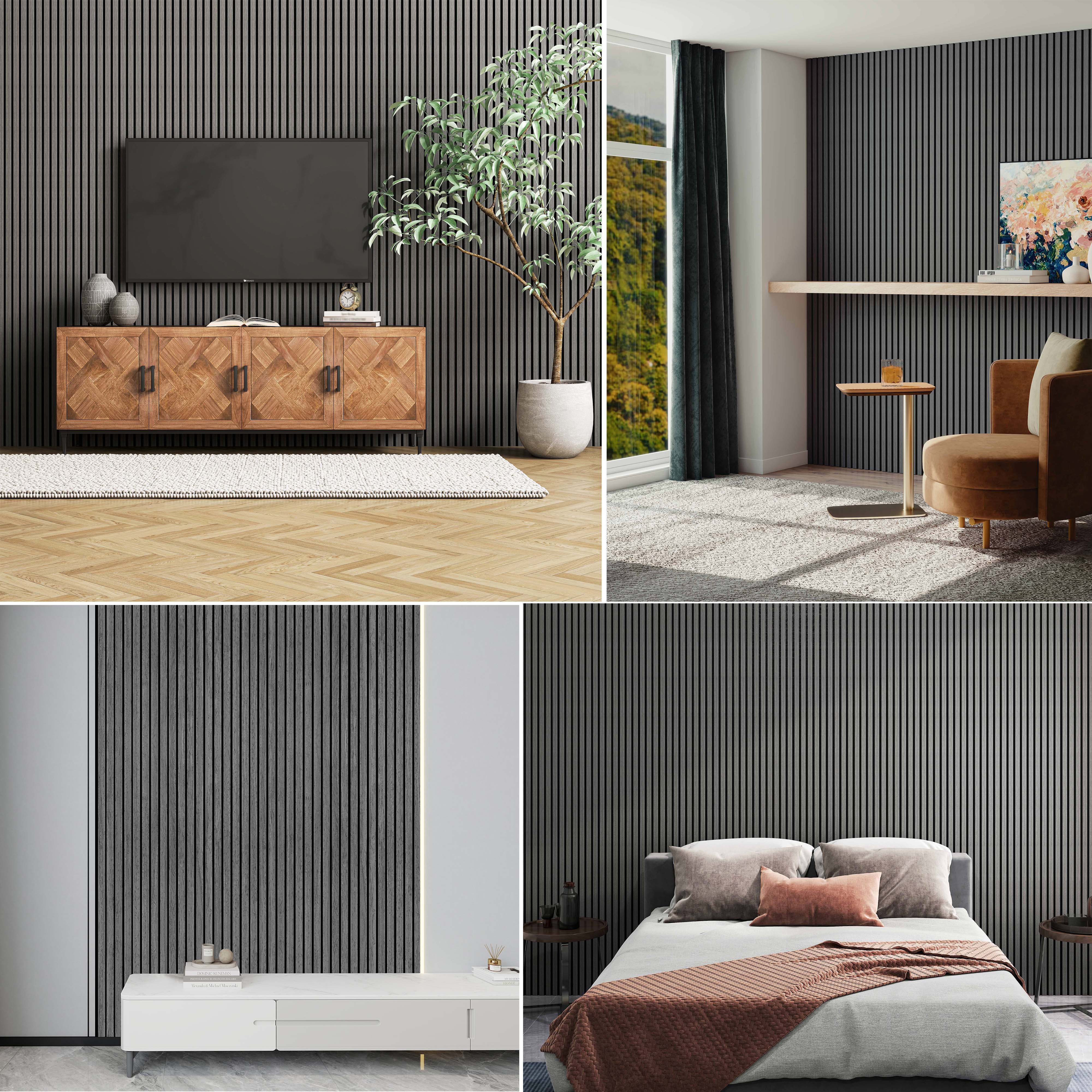 Lot de 3 - Ep. 21mm - 240 x 60cm - Chêne gris - Panneaux muraux acoustiques, feutrine noire, by Ocean - 6