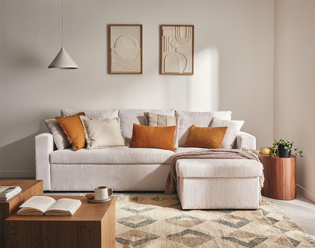 Canapé d'angle convertible 4 places en velours côtelé beige - CYRUS - Best Mobilier - 3