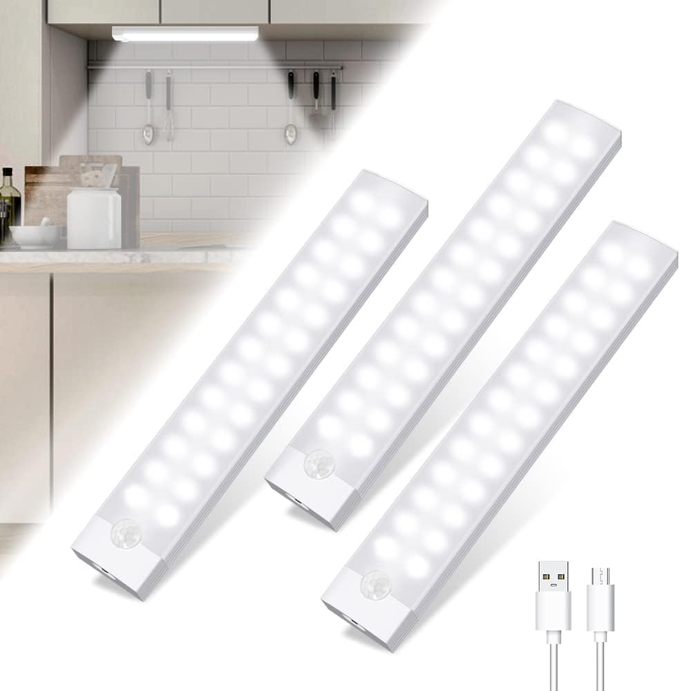 Oświetlenie wewnętrzne z czujnikiem ruchu, ładowanie USB, lampka nocna do szafki kuchennej, możliwość ściemniania (20 cm)