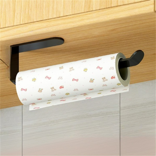 Wielofunkcyjny uchwyt ścienny na ręczniki papierowe z czarnego aluminium, bez wiercenia, praktyczny i trwały, 28×8×3 cm