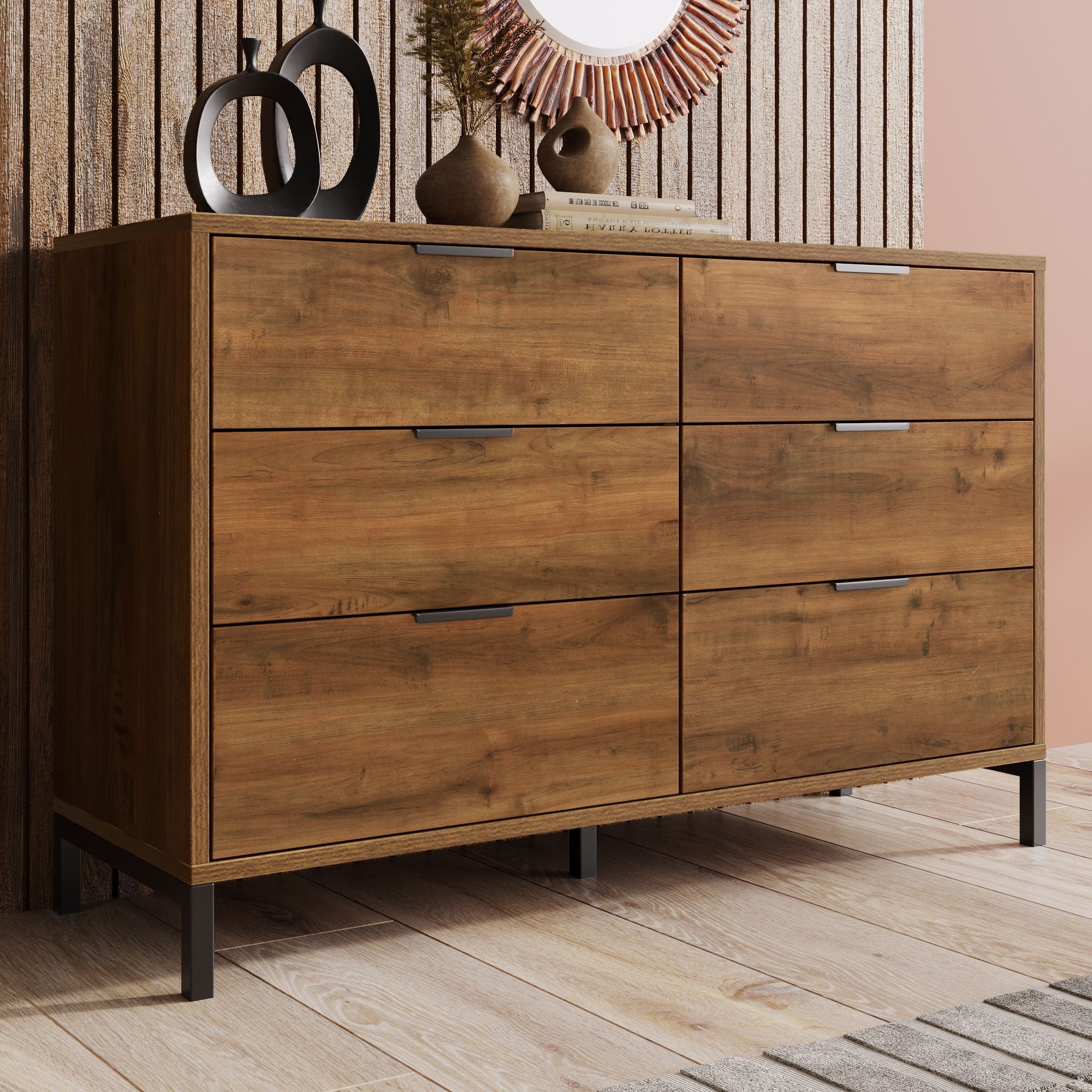 Commode à 6 tiroirs pour chambres et salons - 120 x 40 x 76 cm - chêne foncé - 2