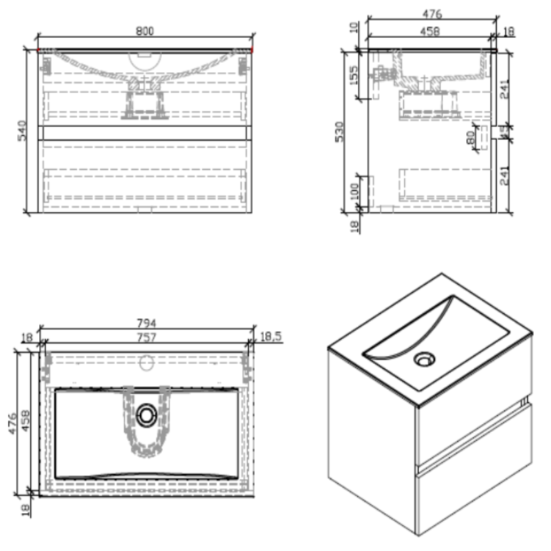 Meuble salle de bain design simple vasque SIENA largeur 80 cm noyer - 5