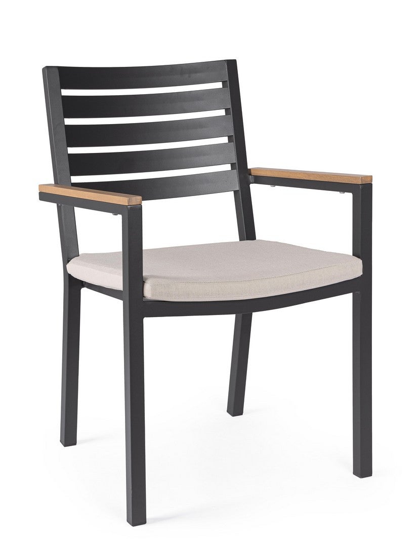 Zestaw 2 aluminiowych krzeseł z podłokietnikami imitującymi drewno i zdejmowaną poduszką z poliestru, "Henna" Antracyt