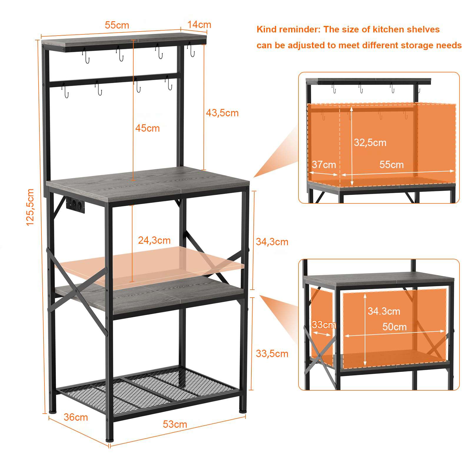 Estantería metálica de cocina de 4 niveles, en color gris, con 8 ganchos, soporte ajustable para microondas y zona multifuncional para guardar el café - 5