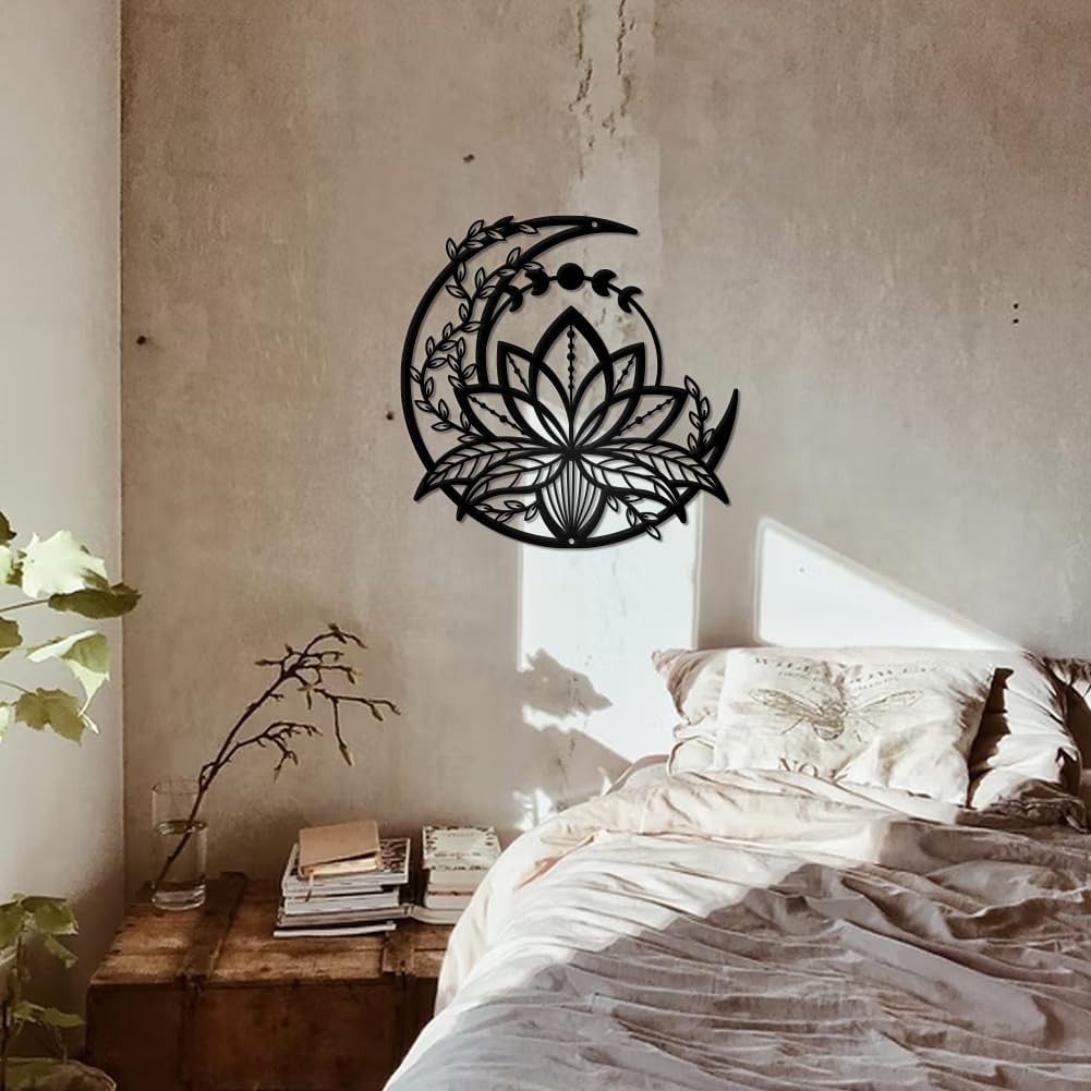 Phase de Lune avec Fleur de Lotus Décoration Murale en Métal, Décor Mural Suspendu de Style Mat Art Mural de Silhouette pour la Maison Jardin Hôtel - 6