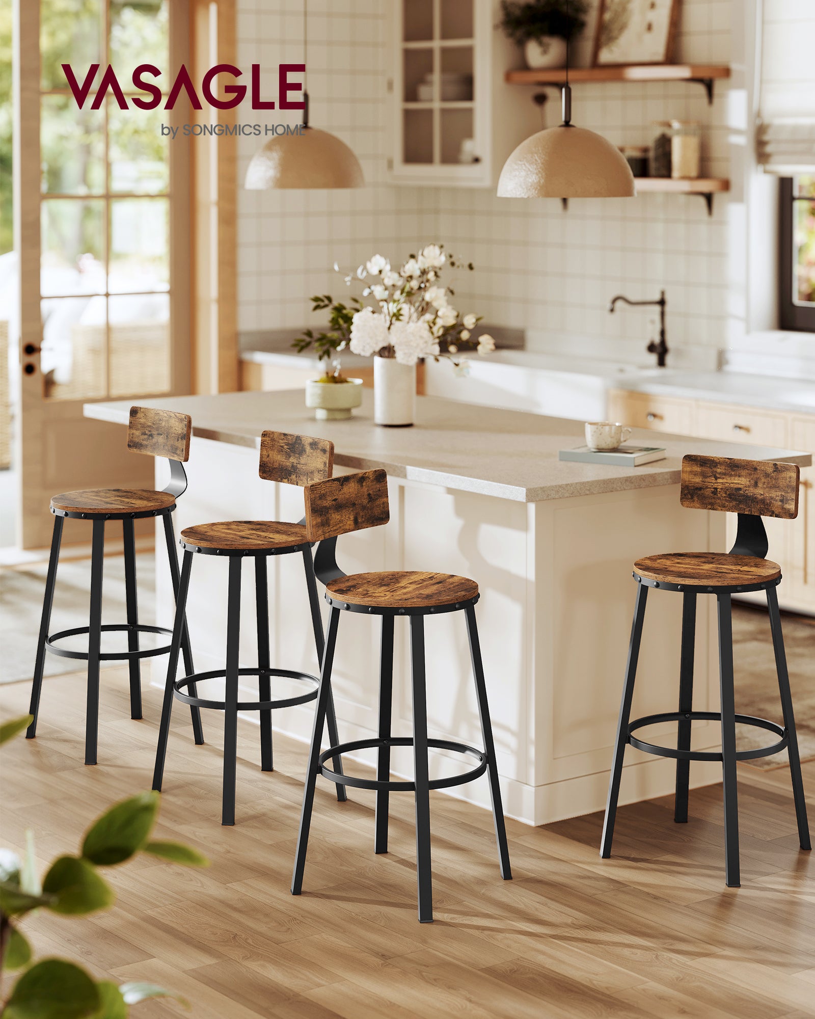 Tabouret Bar Industriel, Lot De 4, Avec Dossier, Cadre En Acier, Siège De 73.5 Cm De Haut, Marron Rus - 2