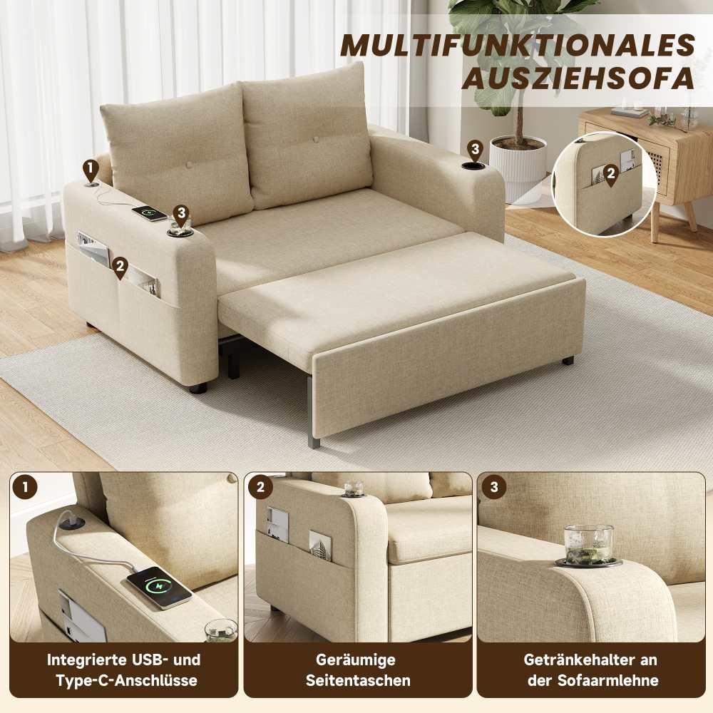 Canapé-lit 3-en-1, convertible, double avec porte-gobelet, poches latérales, coussins, USB, design moderne, beige - 6