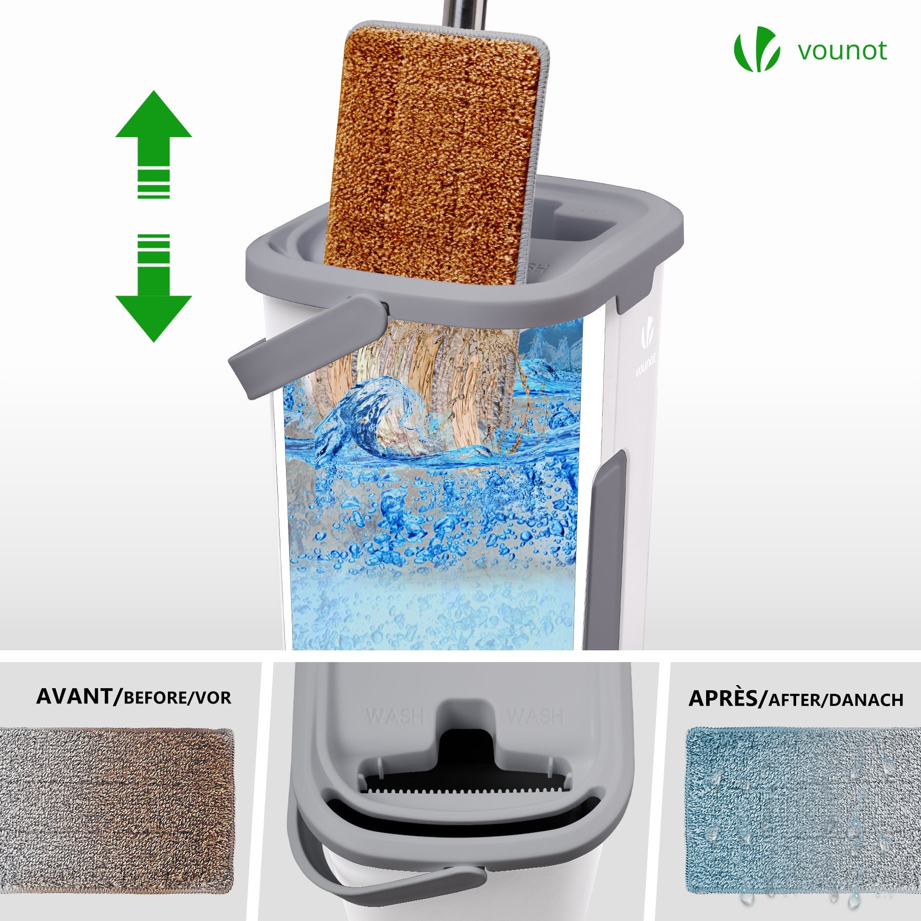 Balai plat microfibre avec seau essoreur auto-lavage double compartiment - 6 serpillères réutilisables - blanc - VOUNOT® - 2