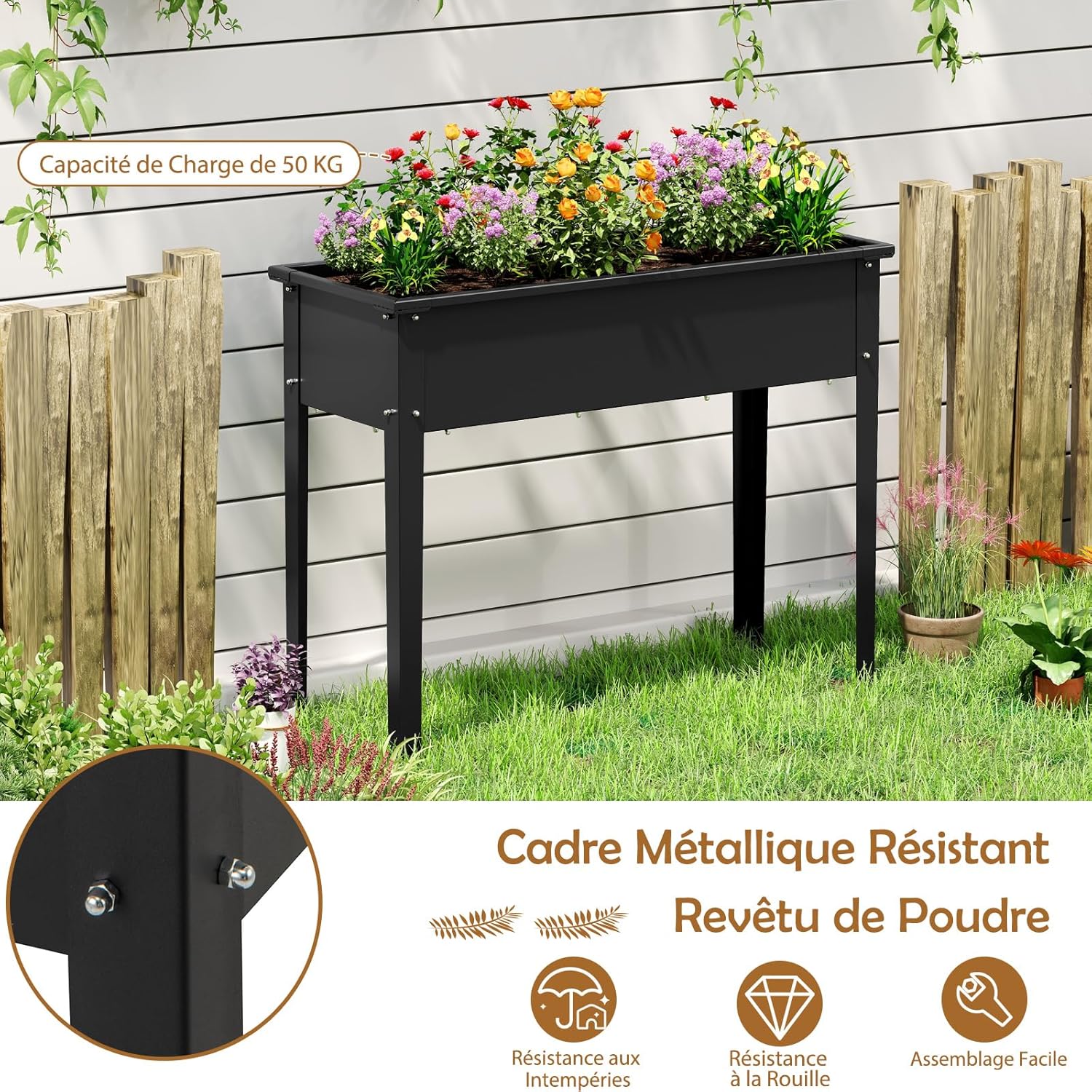 Carré Potager sur Pieds, Trou de Drainage, Structure Métallique, Jardinière Surélevée Extérieur pour Plantes, Pieds Antidérapants, Noir - 5