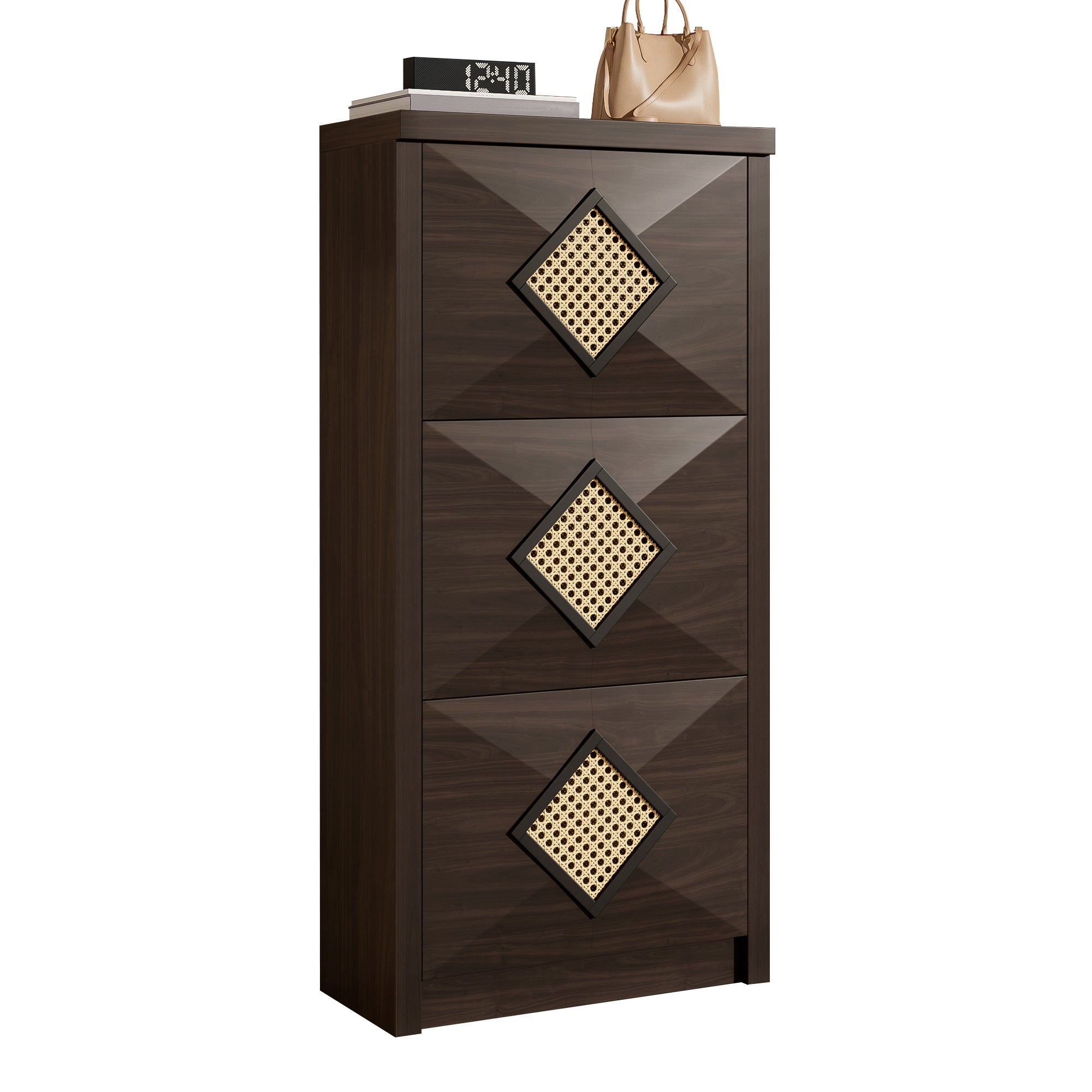 Zapatero vintage con decoración de ratán, 3 compartimentos abatibles, zapatero que ahorra espacio, 54 x 25 x 115 cm