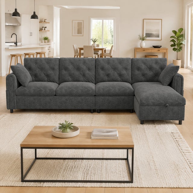 Canapé d'angle 4 places en velours gris avec rangement, position en L réversible gauche/droite, 281 × 132 × 86 cm