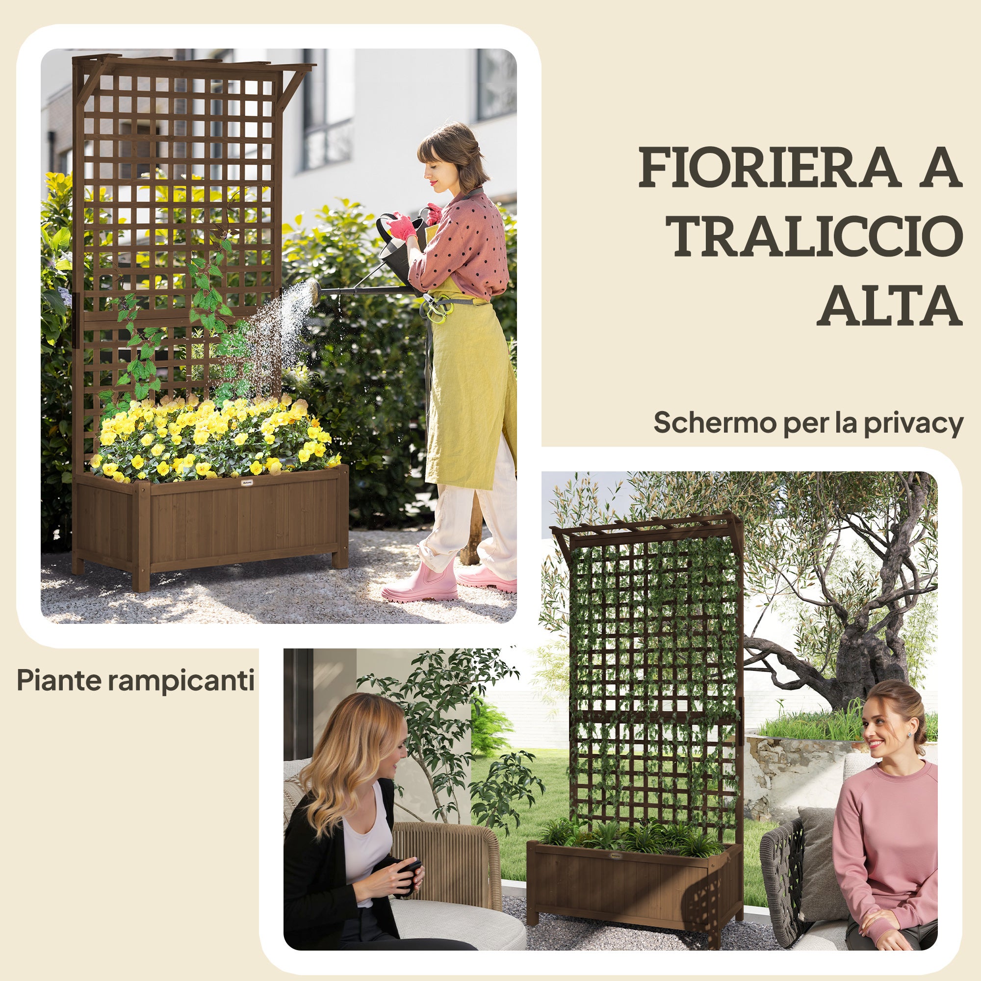 Outsunny Fioriera da Giardino con Traliccio per Piante Rampicanti in Legno di Abete, 90x45x183 cm, Marrone - 4