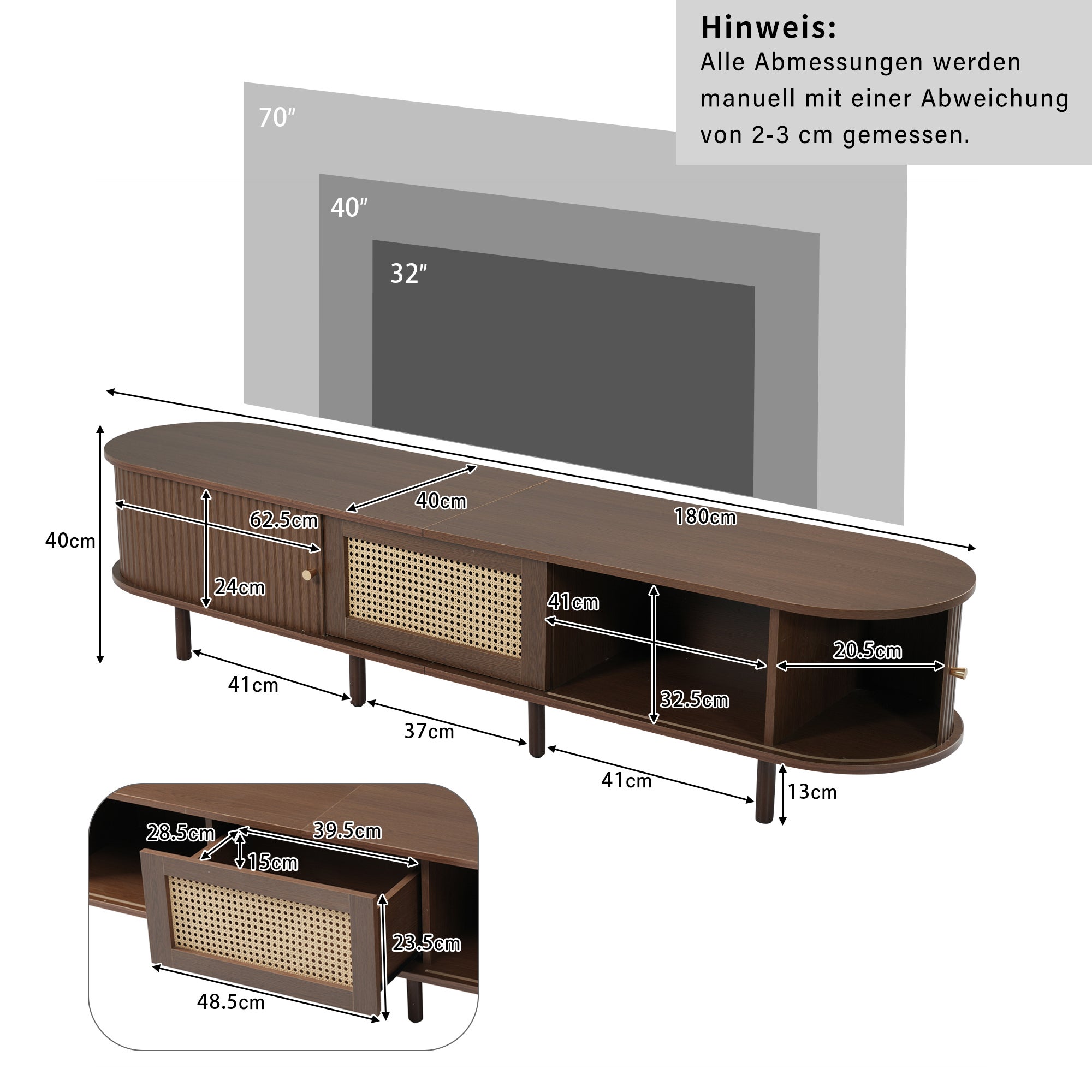 Owalna szafka RTV z 2 drzwiami przesuwnymi i 1 szufladą rattanową - 180 x 40 x 40 cm - drewno MDF - ciemny orzech - 3