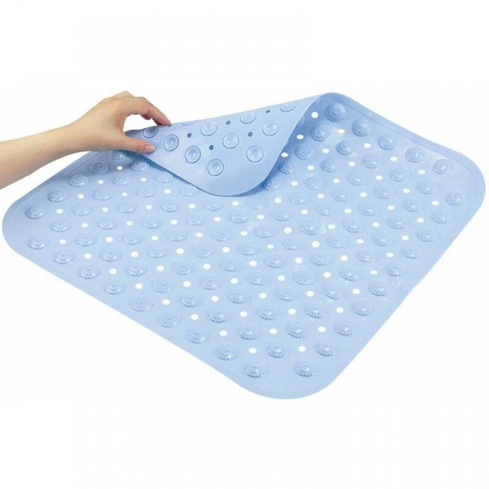 Opakowanie niebieskiej antypoślizgowej maty łazienkowej 48x48 cm, kwadratowa mata prysznicowa z PVC z przyssawką