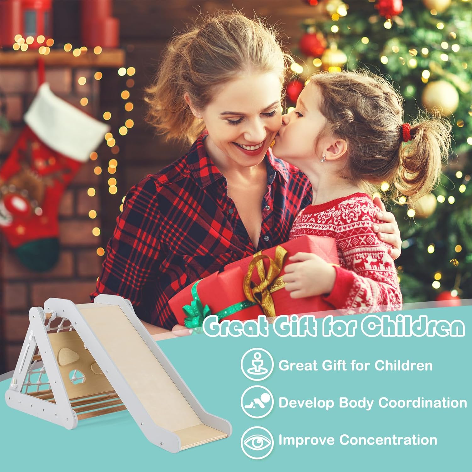 Toboggan Enfant avec Triangle Escalade Montessori, Filet à Grimper, Planche et Échelle, Charge 50KG, pour Bébé 1 An+,Gris - 5