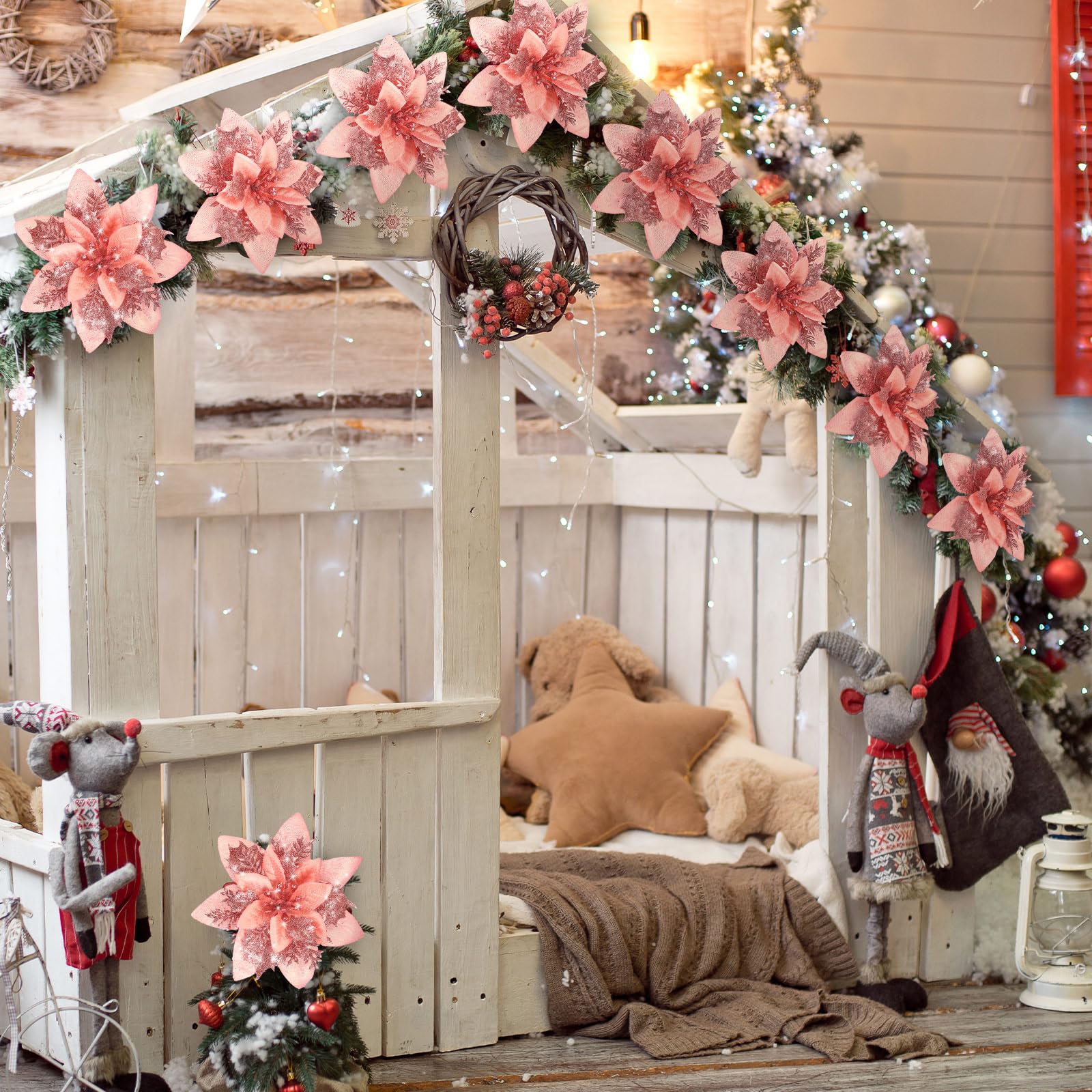 Lot de 50 décorations de Noël, fleurs artificielles scintillantes avec clips, décorations pour sapin de Noël, pendentifs de fleurs artificielles - 2