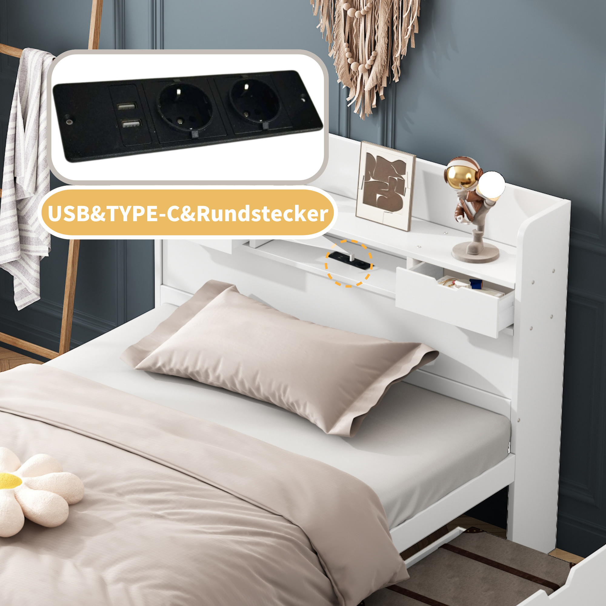Łóżko podwójne 90 x 200 cm z szufladami i przegródkami - sosna i sklejka - port USB - białe (materac nie jest wliczony w cenę) - 6