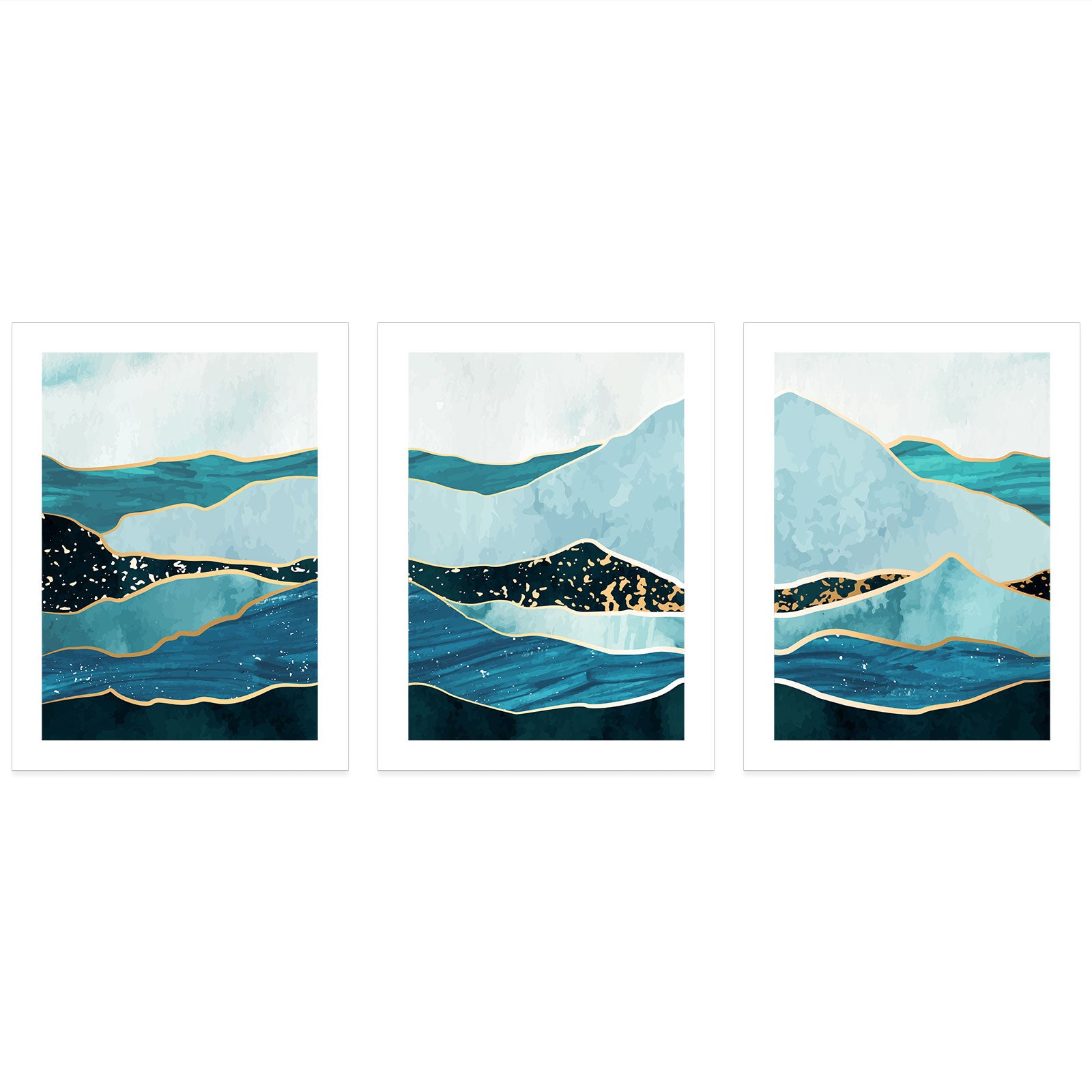 Lot de 3 affiches posters Triptyque décoratives - Vagues Design - Bordure Noire et Blanche - 3 Affiches - 21x29,7 cm (Cadres non fournis) - 3
