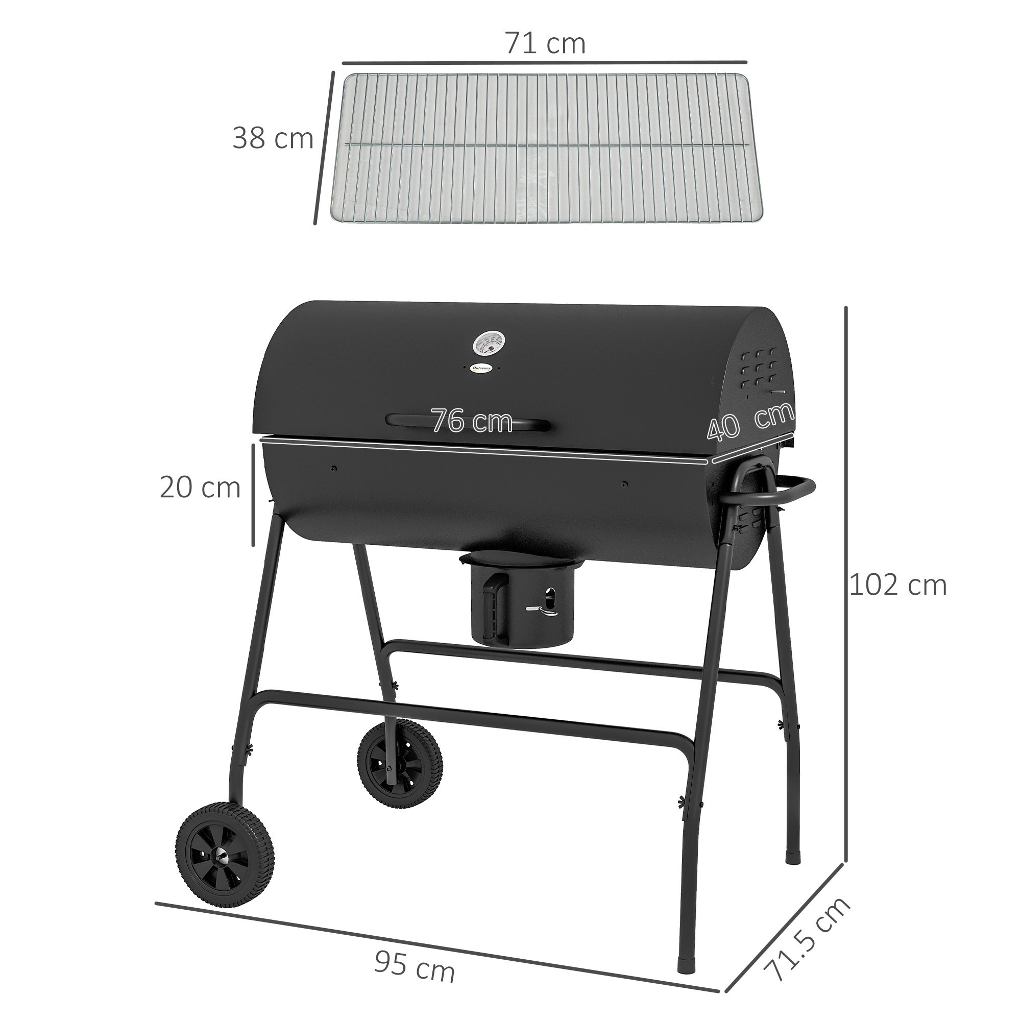 Metalowy grill na węgiel drzewny z termometrem, kółkami i popielniczką - Grill tarasowy o powierzchni 2698 cm²