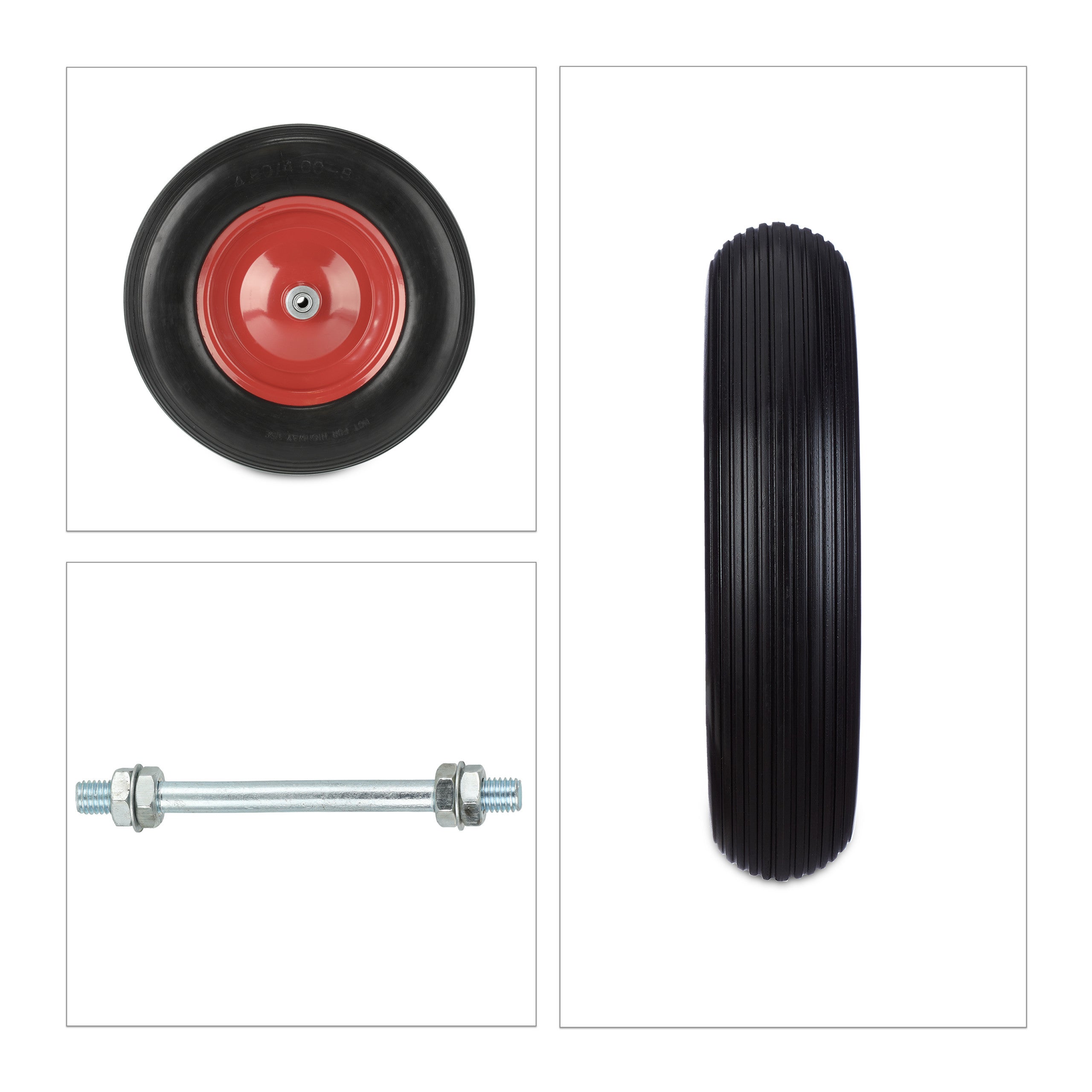 Roue de brouette avec axe 4.80 4.00-8, caoutchouc, jante en acier, pneu rechange, increvable, noir/rouge, Relaxdays - 9