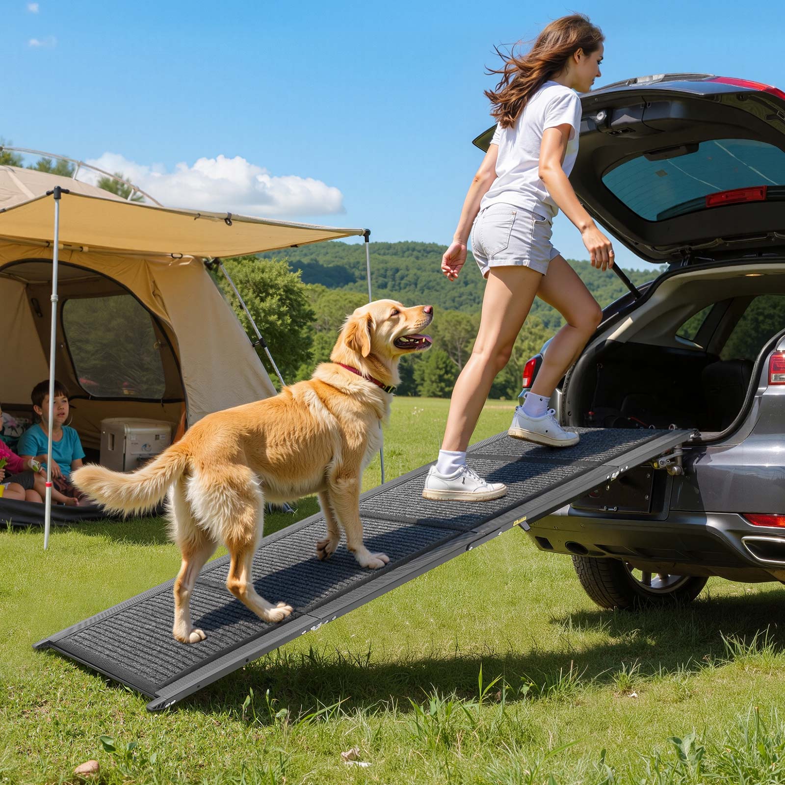 Rampa para perro VEVOR, plástico, 160x43,2 cm, 113 kg, plegable, superficie de fieltro antideslizante, compatible con SUV/camiones, exterior - 8