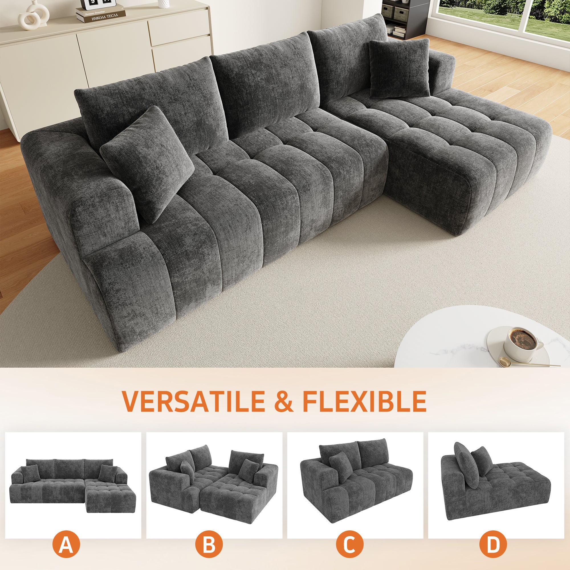Canapé d'angle modulaire en L 244.5x136x79cm, canapé nuage, tissu chenille confortable, combinable librement,sans montage, gris - 6