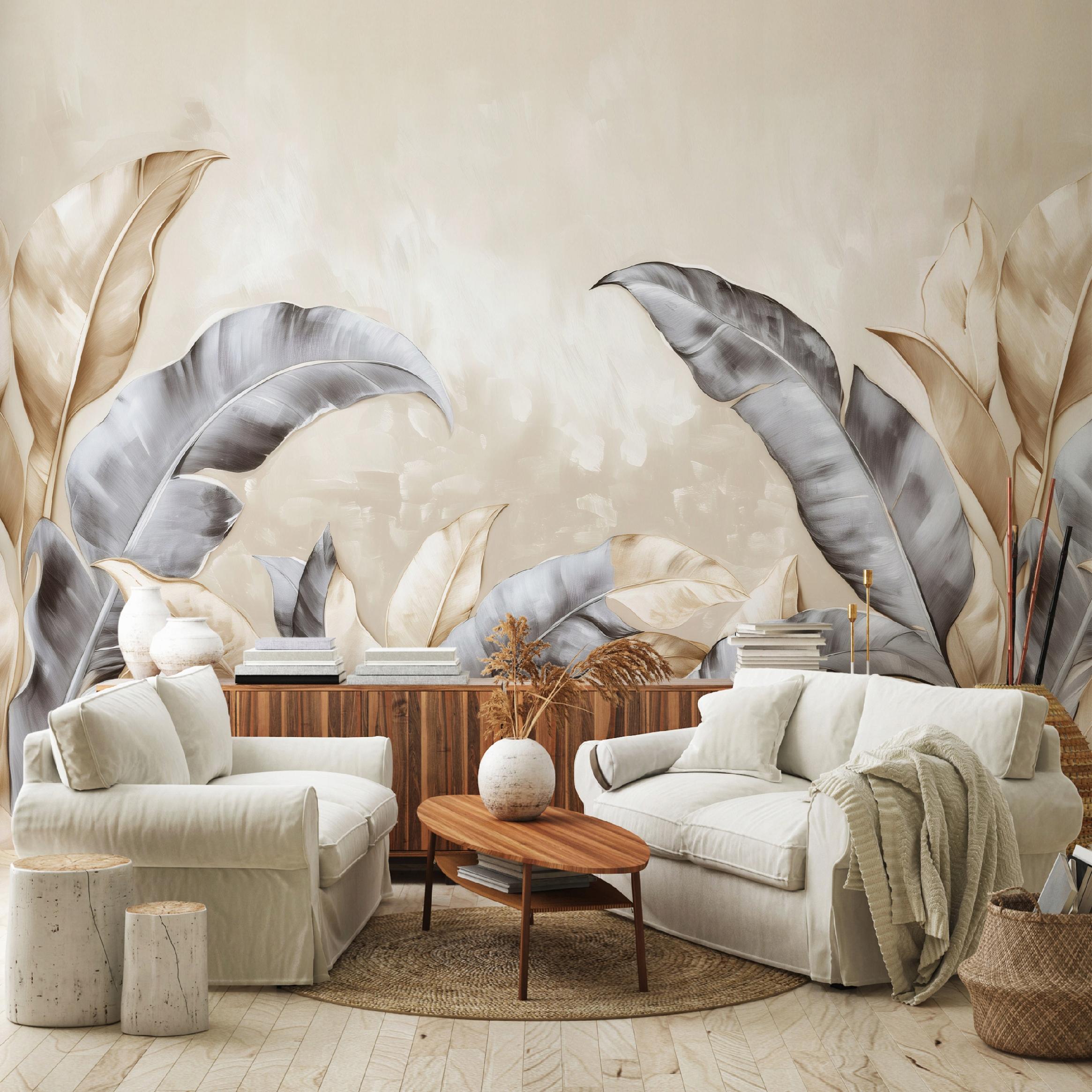 Papel pintado panorámico de hojas beige 400x280 cm - Pegamento incluido - Papel pintado moderno XXL para dormitorio y salón - 2