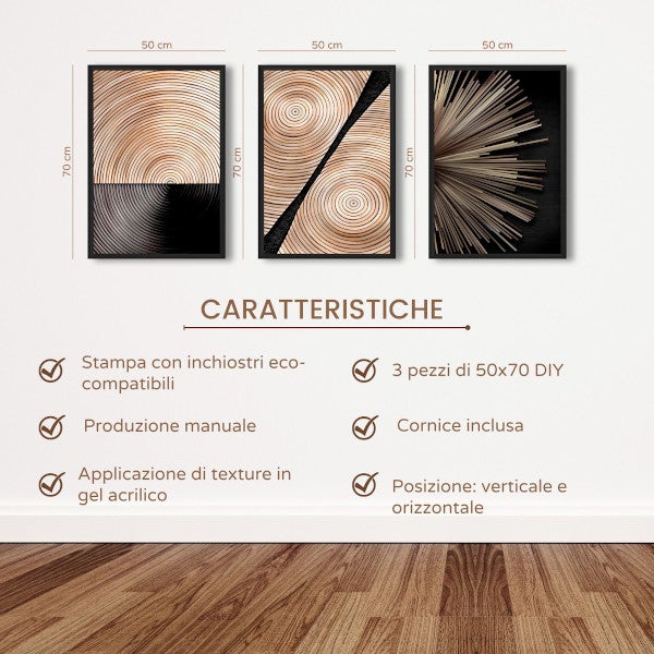 DekoArte - Quadri moderni soggiorno ARTE MINIMALISTA LEGNO 50x70 cm x3 pezzi - Quadri con cornice nero incluso - 6