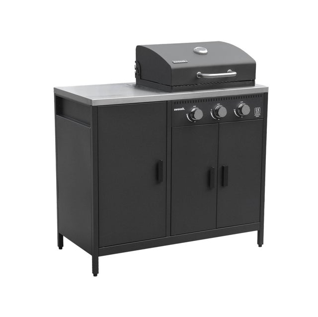 Modulo cucina da esterno in metallo con barbecue a gas a 3 bruciatori, Nero
