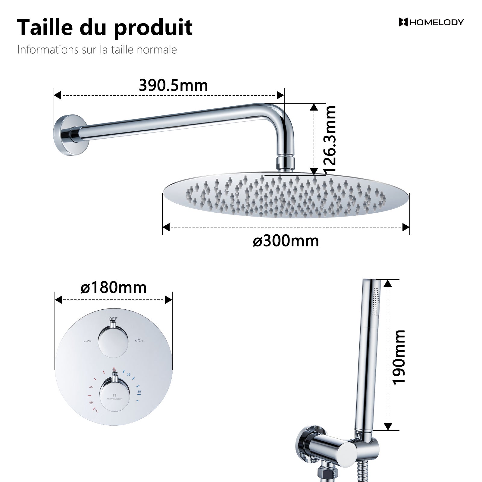 Encastré Colonne de Douche Thermostatique Système de Douche Rond Grande Douche de Tête Set de Douche Encastrée en Laiton Chromé Design Moderne - 8
