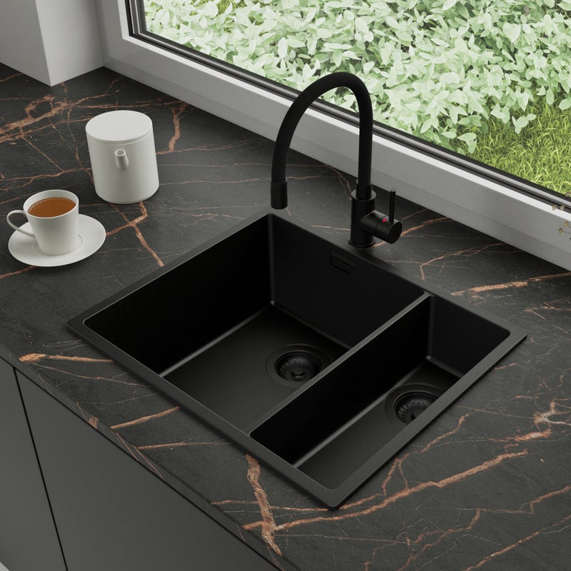 Zlewozmywak Granitowy 56x47cm, do szafki od 60cm + Bateria + Syfon - Agate Cały Czarny STONESTYLE