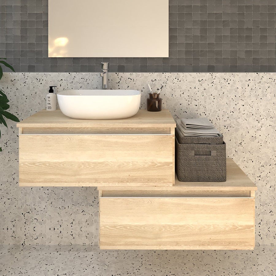 Meuble de salle de bain 2 tiroirs avec vasque à poser arrondie PENA et miroir Led STAM - Bambou (chêne clair) - 120cm - 2