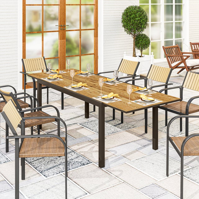 Mesa Jardín Extensible Outsunny Aluminio, DPC Marrón 240x90x74 cm