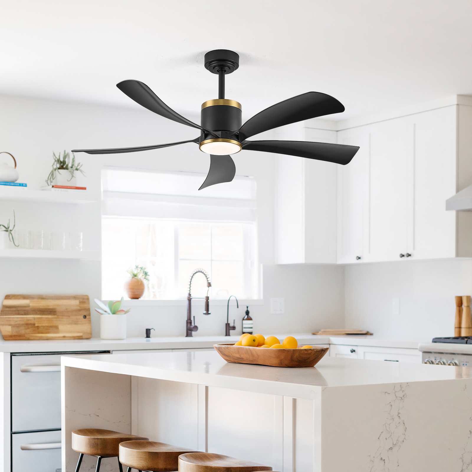 Ventilateur de plafond 52'' LED 20W dimmable, 5 pales ABS noires, APP, 6 vitesses, réversible, anneau doré, salon chambre - 6