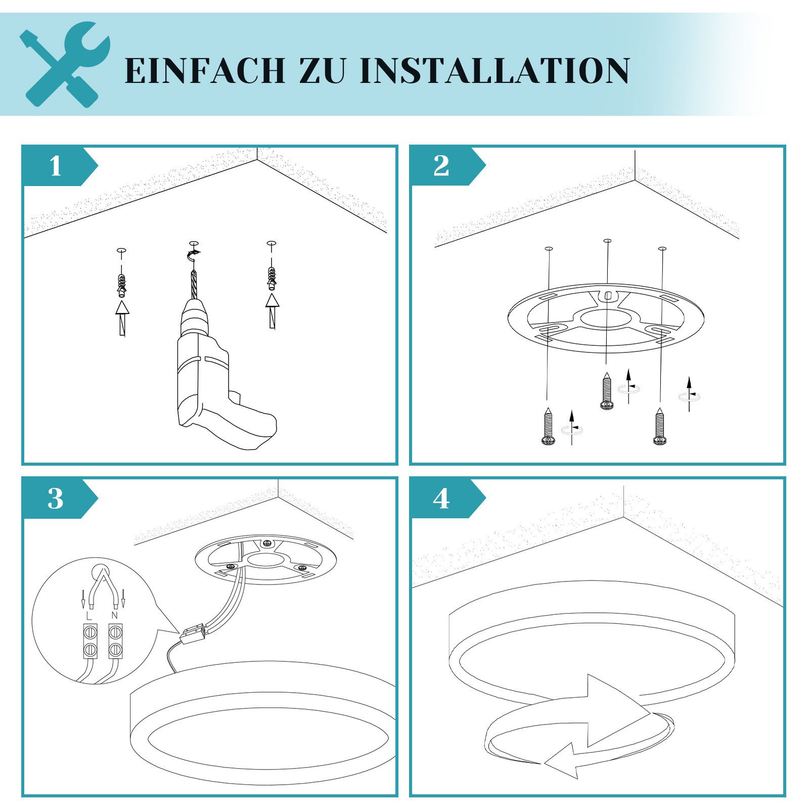 NETTLIFE Plafonnier LED plat 18 cm - 15 W, Noir, 6000 K - Éclairage moderne cuisine, couloir, chambre - 8